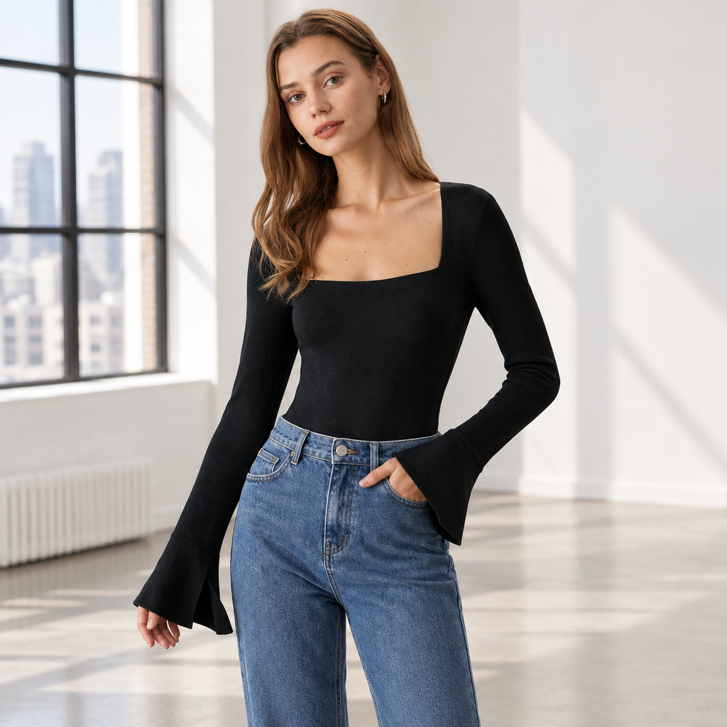 Woman wearing the Skyler Square Neck Flare Sleeve Knit Top