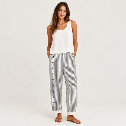 Woman wearing the Striped Button Pants