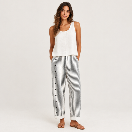 Woman wearing the Striped Button Pants