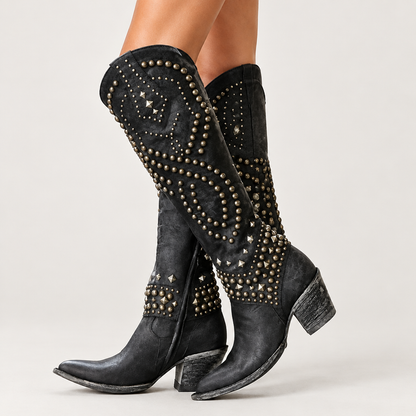 Woman wearing Skyler Studded Western Tall Boots
