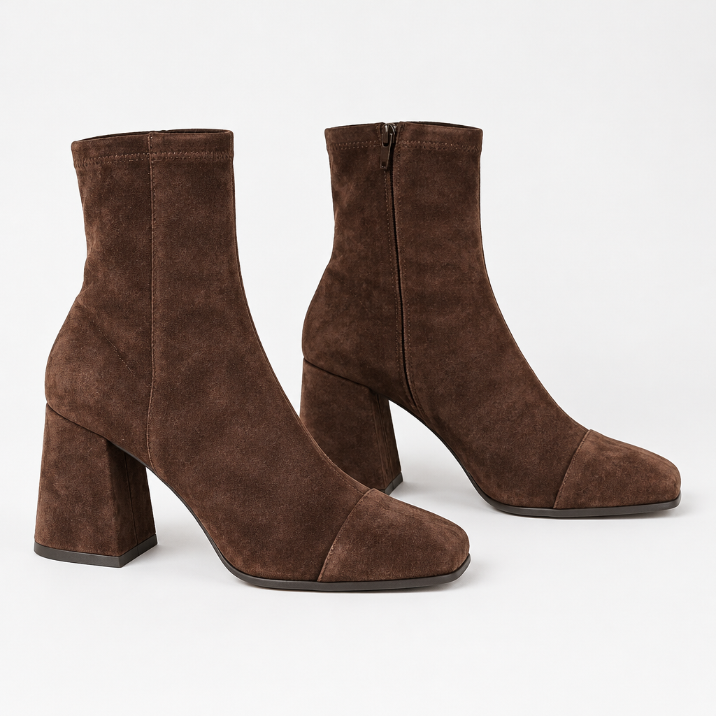 Pair of Skyler Suede Block Heel Ankle Boots side view
