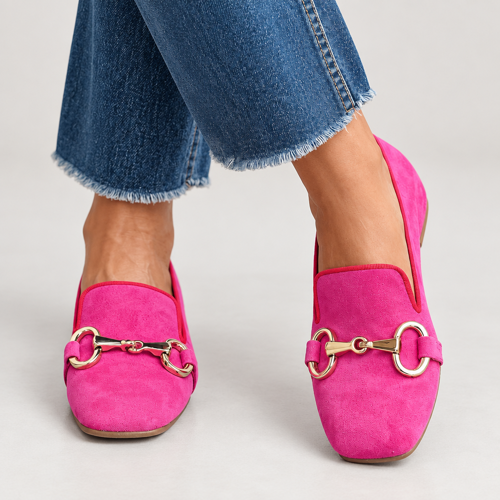Women's Suede Loafers with Metal Detail worn on feet