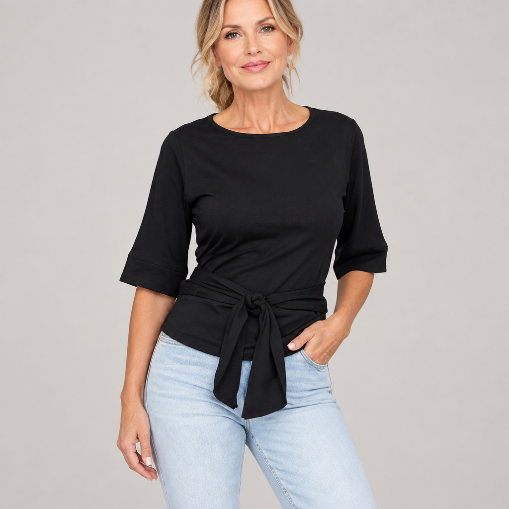 Woman wearing the tie front cotton T-shirt, front view