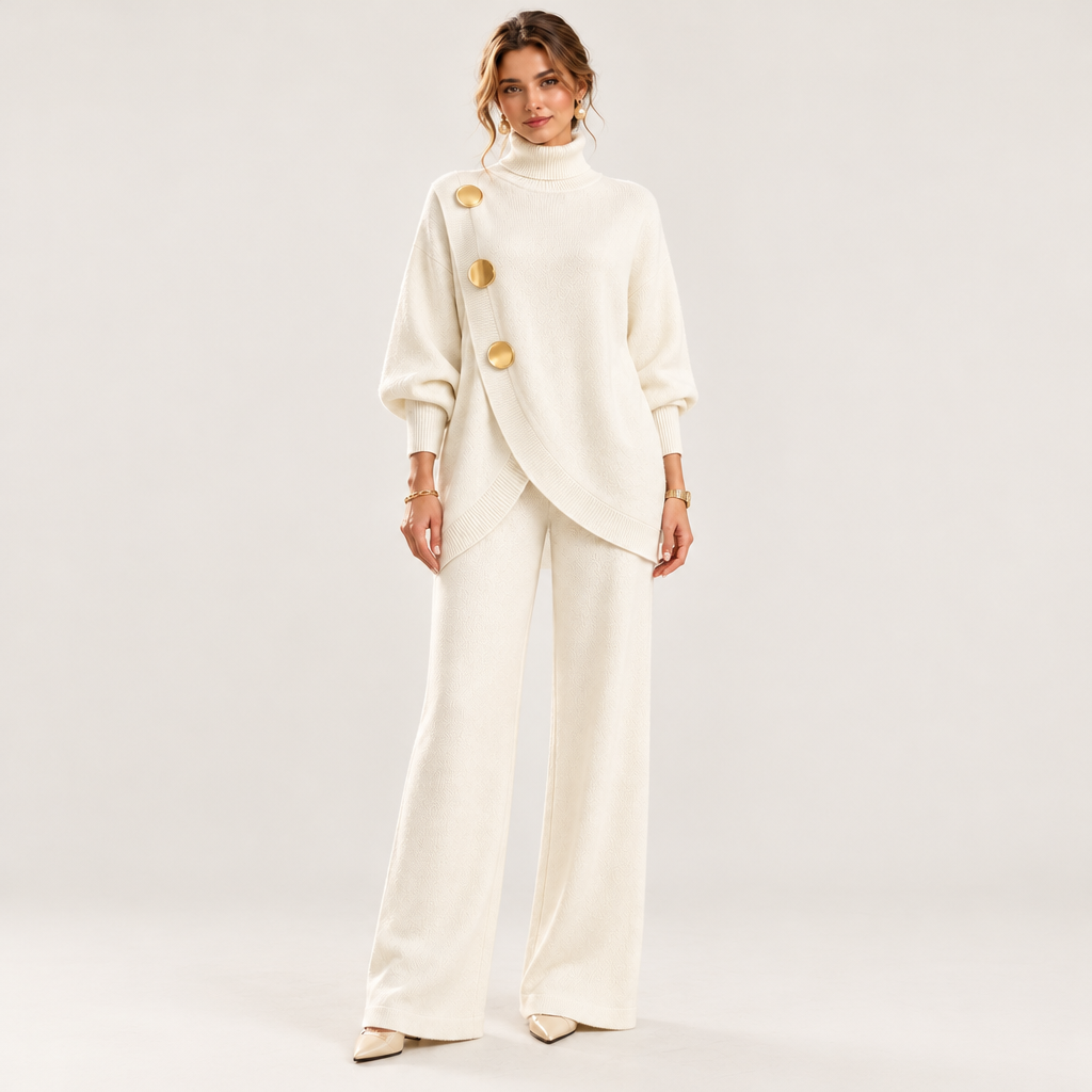 Model wearing Skyler Turtleneck Sweater and Wide Leg Pants Set