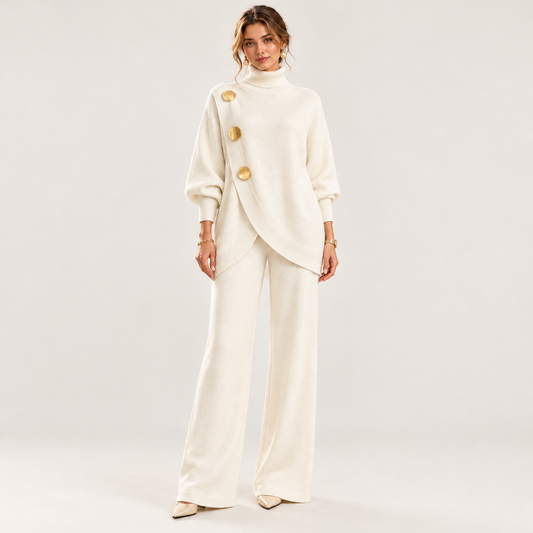 Model wearing Skyler Turtleneck Sweater and Wide Leg Pants Set