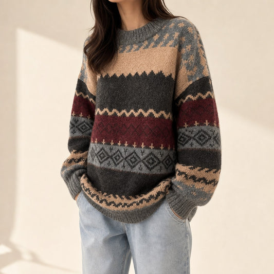 Model wearing the vintage stripe oversized sweater, front view