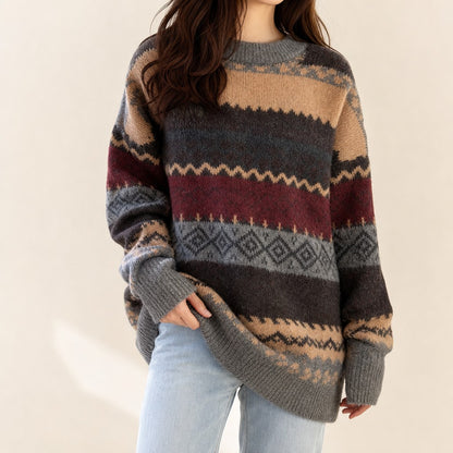 Model wearing the vintage stripe oversized sweater, lifestyle shot