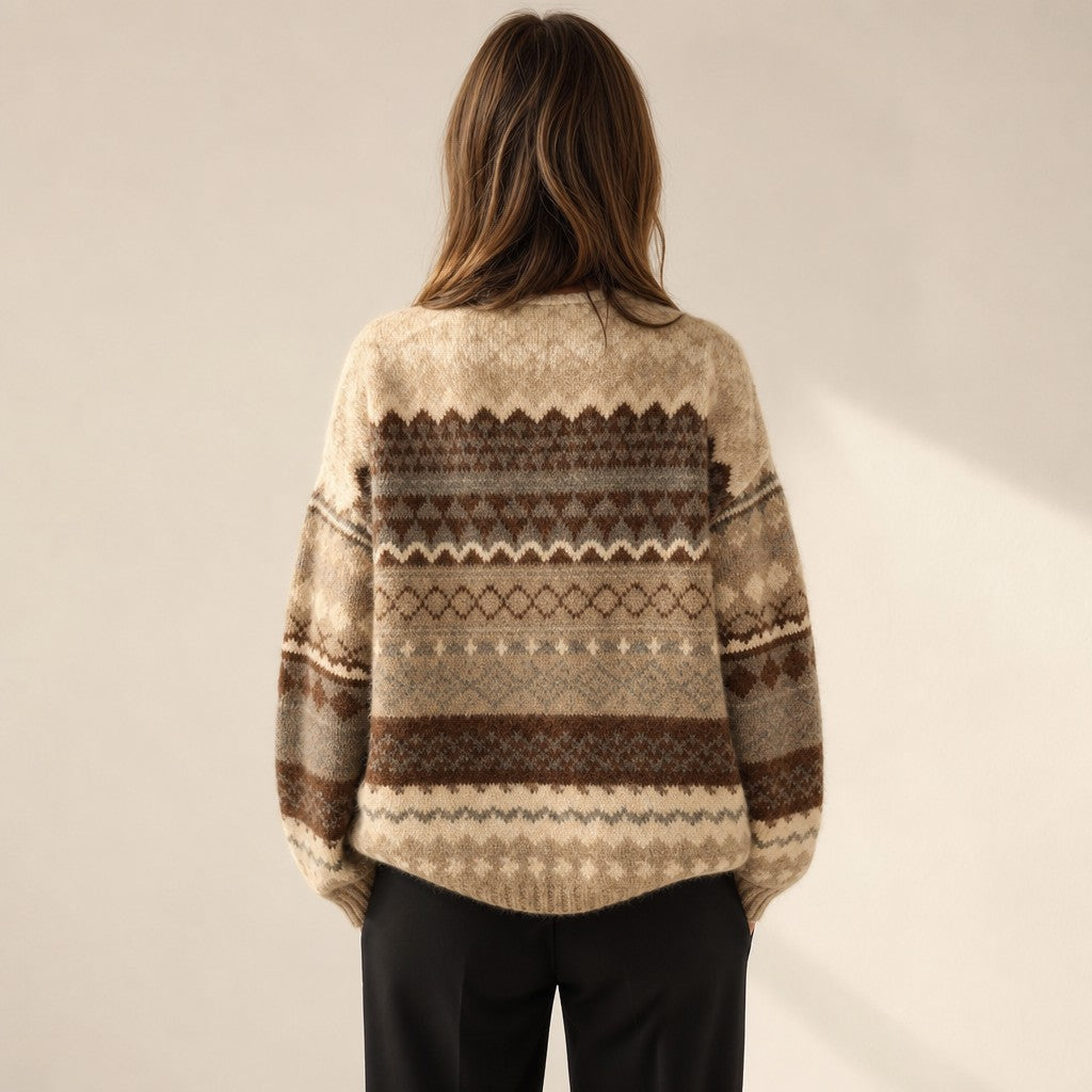 Model wearing the vintage stripe oversized sweater, back view