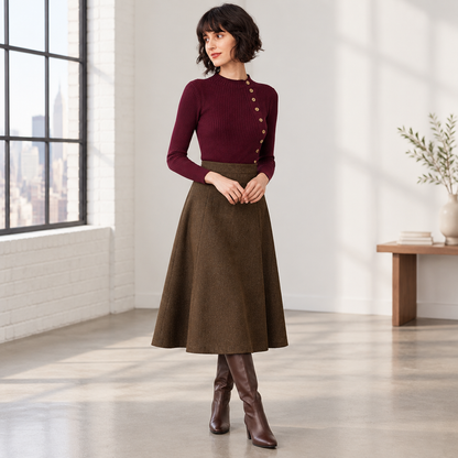 Woman wearing the Skyler Wine Red Ribbed Mock Neck Top