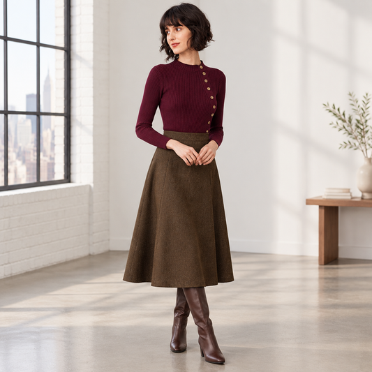 Woman wearing the Skyler Wine Red Ribbed Mock Neck Top