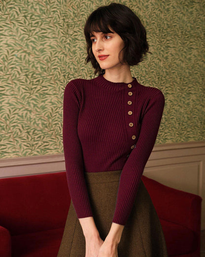 Skyler Wine Red Ribbed Mock Neck Top - view 3