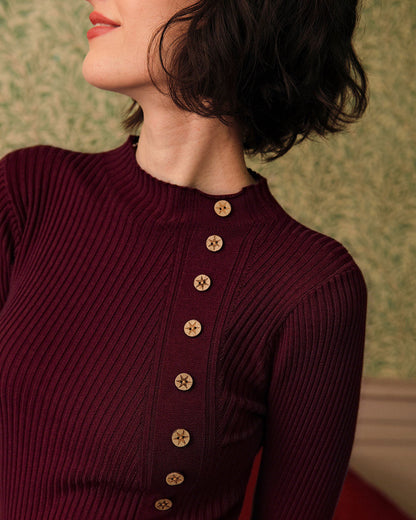 Skyler Wine Red Ribbed Mock Neck Top - view 4