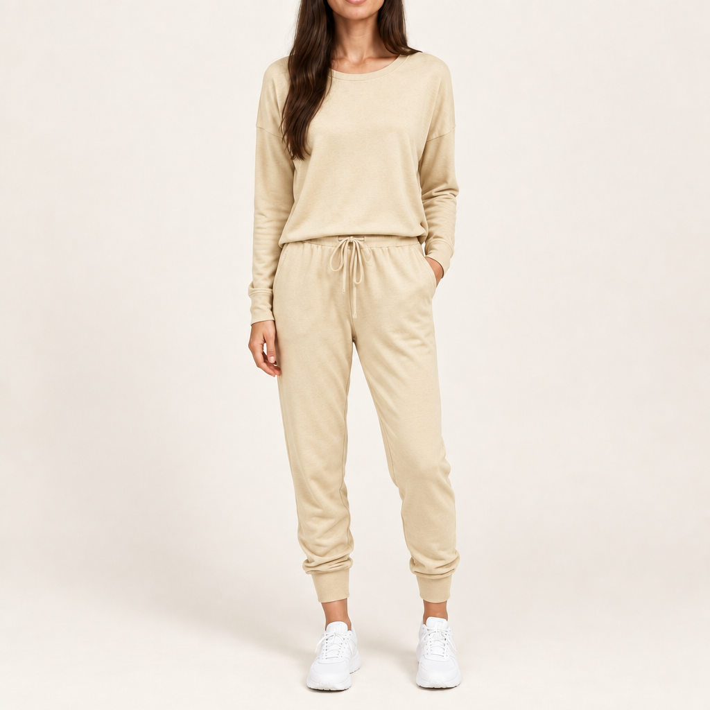 Women's long sleeve top and jogger pants set in beige
