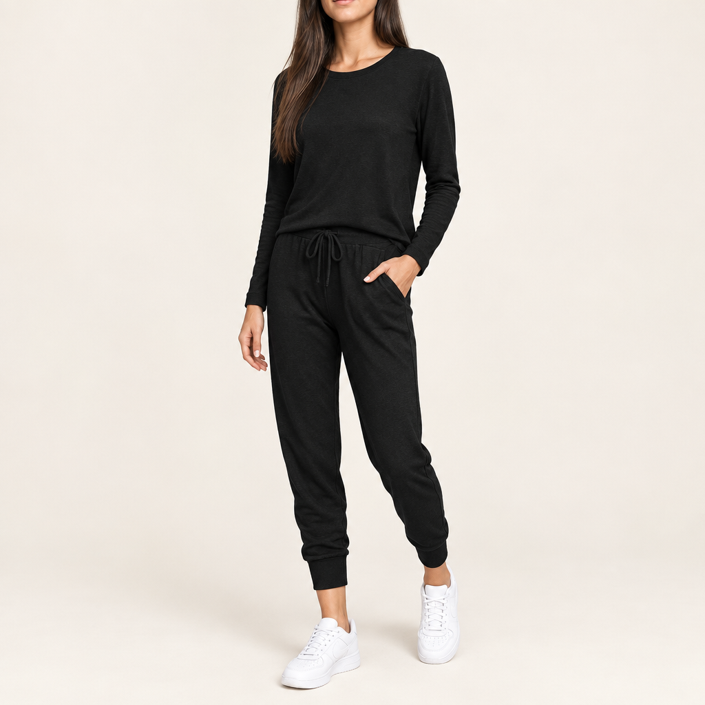 Women's long sleeve top and jogger pants set in black