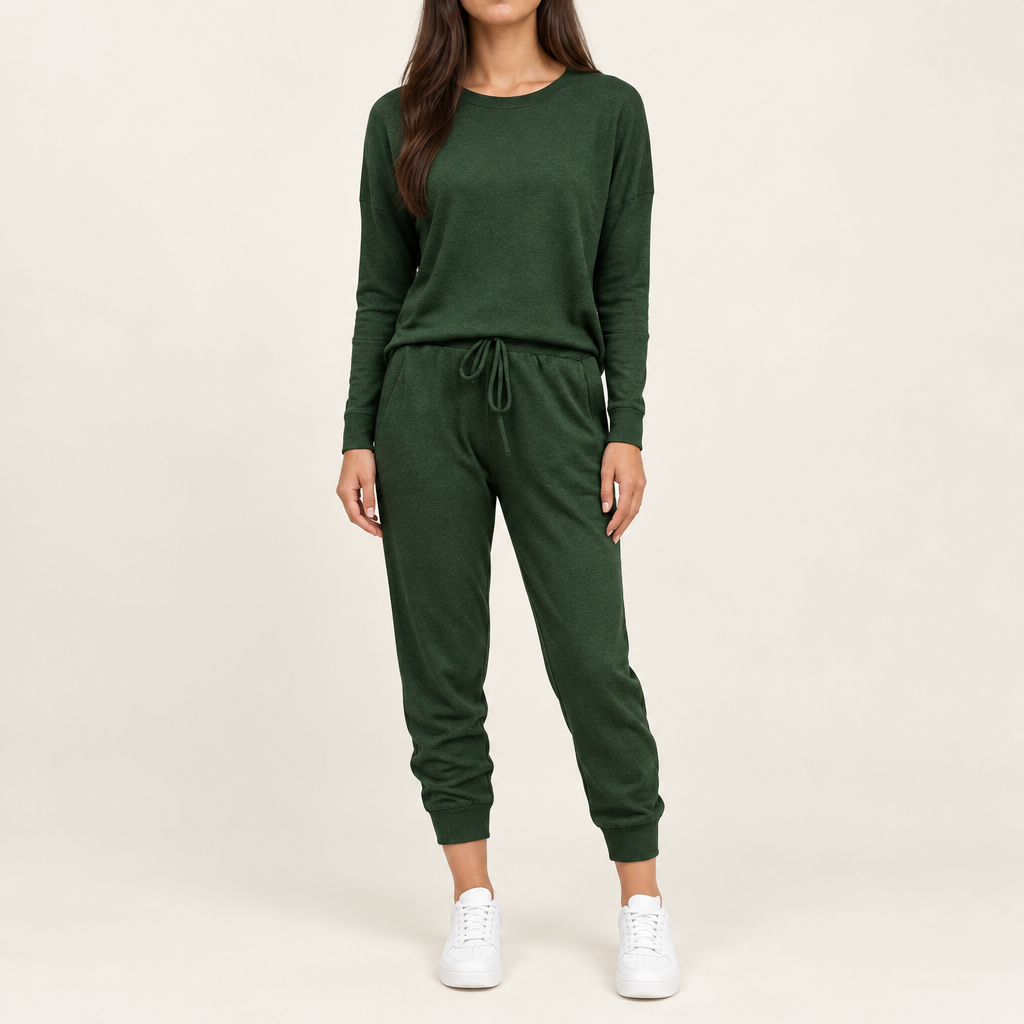 Women's long sleeve top and jogger pants set in dark green