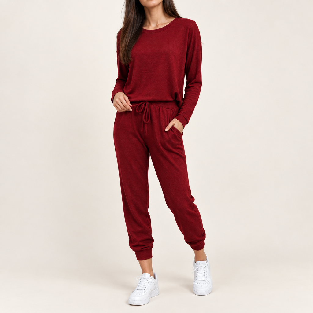 Women's long sleeve top and jogger pants set in wine red