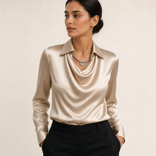 Women's pleated neckline blouse in Gold