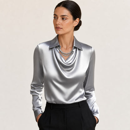 Women's pleated neckline blouse in Silver
