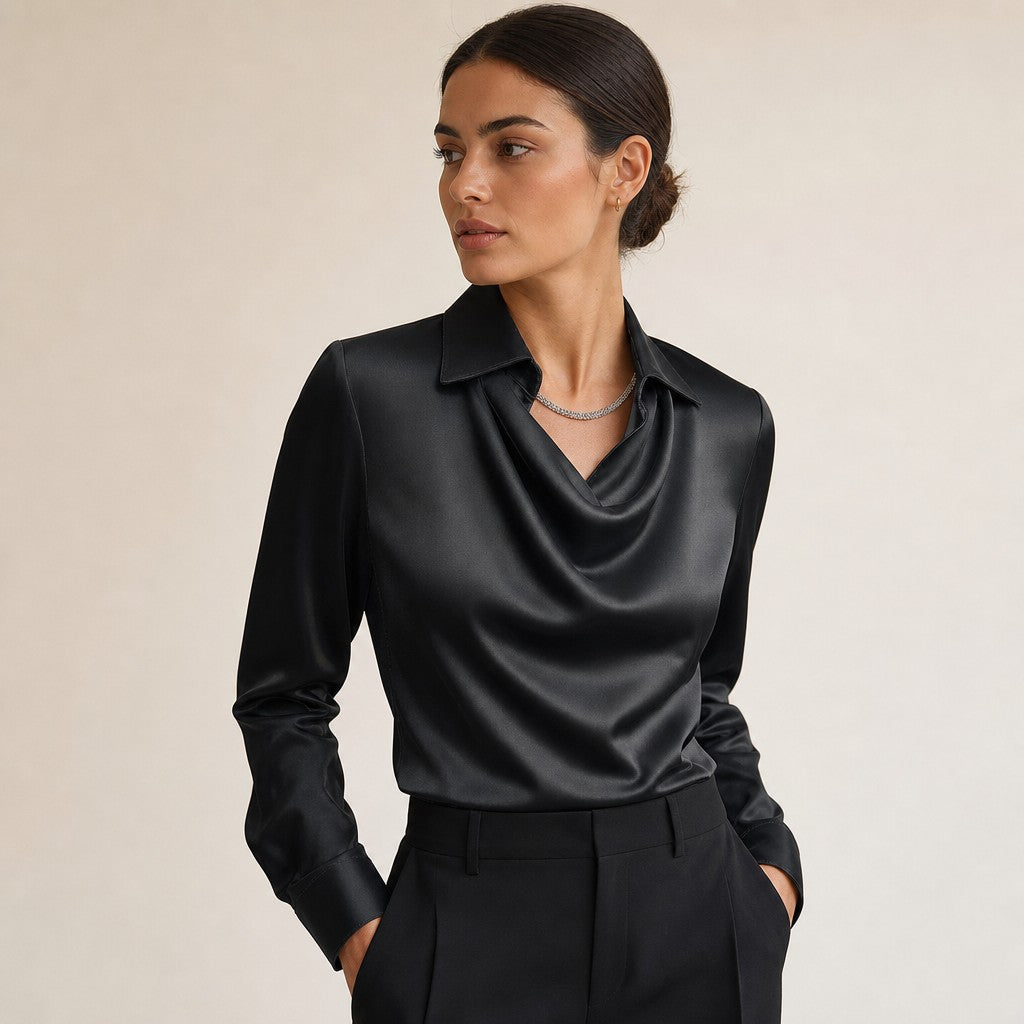 Women's pleated neckline blouse in Black
