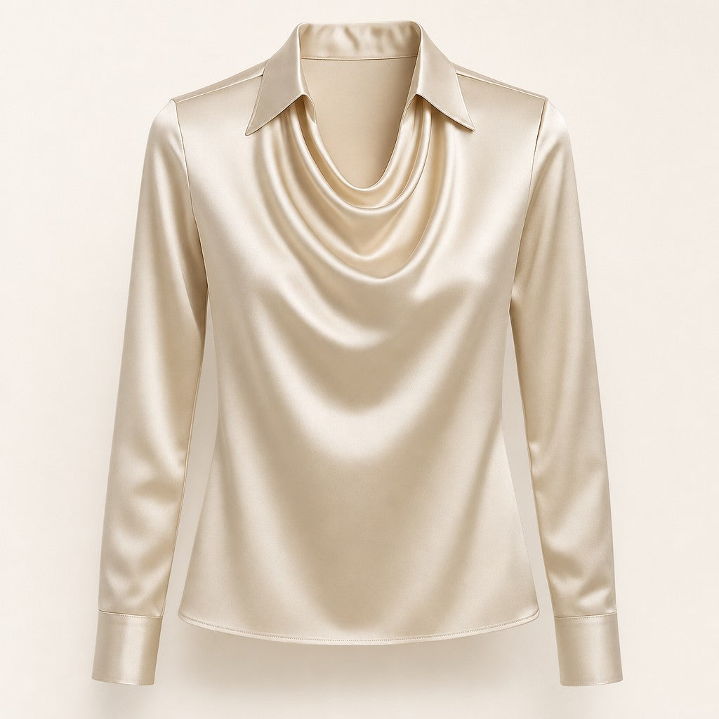 Women's pleated neckline blouse in Gold, flat product view