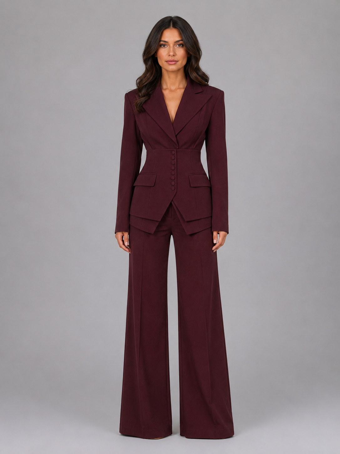 Women's two-piece pant suit with cinched waist blazer and wide-leg trousers