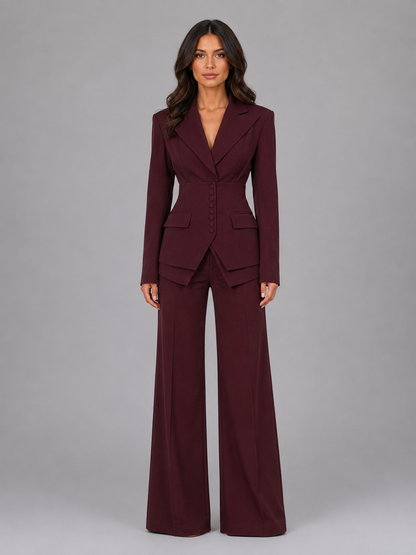 Women's two-piece pant suit with cinched waist blazer and wide-leg trousers