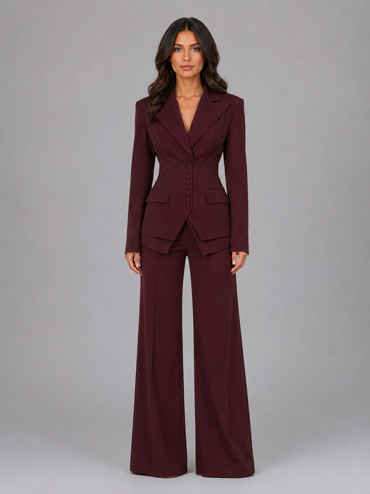 Women's two-piece pant suit with cinched waist blazer and wide-leg trousers