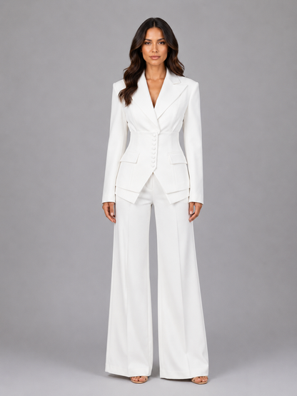 Women's two-piece pant suit with cinched waist blazer and wide-leg trousers