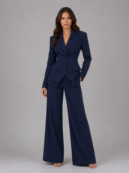 Women's two-piece pant suit with cinched waist blazer and wide-leg trousers