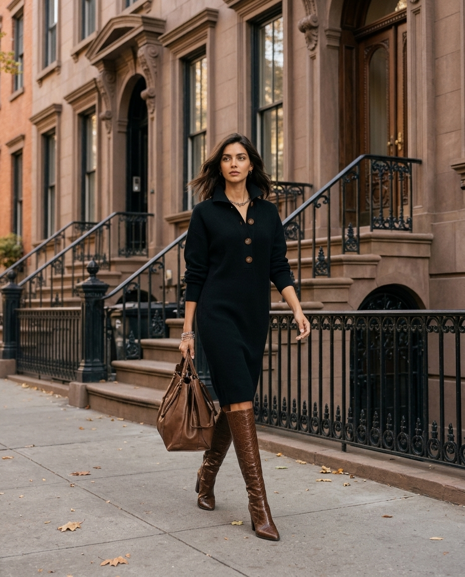 Woman wearing the Skyler Wool-Touch Knit Midi Dress in New York