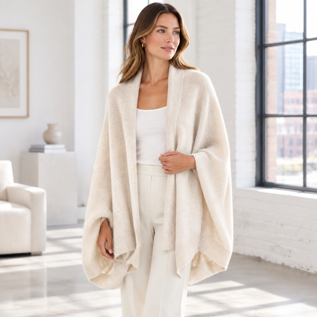 Woman wearing the Skyler Wool Wrap Shawl Cardigan