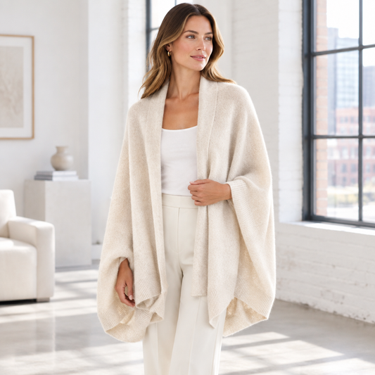 Woman wearing the Skyler Wool Wrap Shawl Cardigan