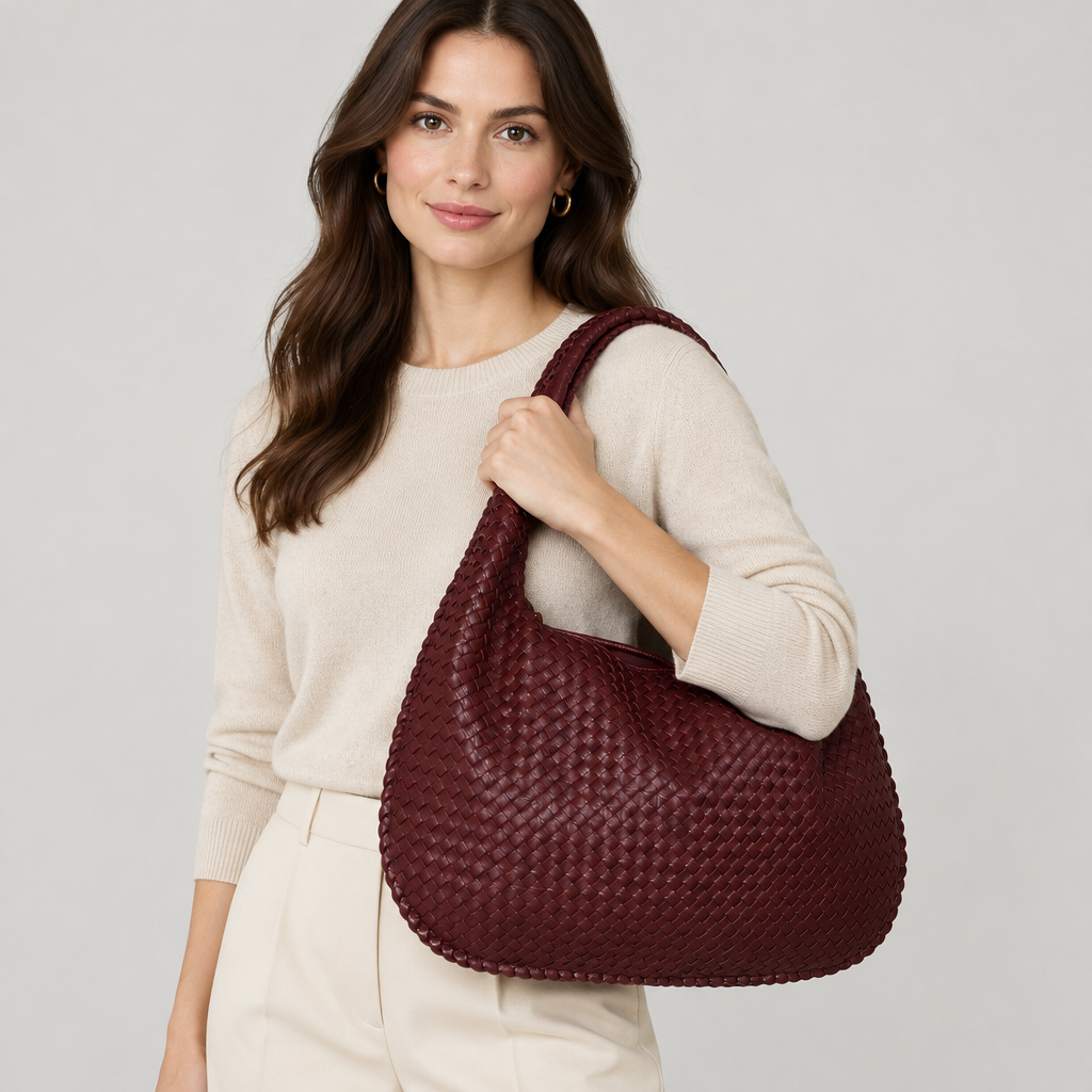 Skyler Woven Vegan Leather Shoulder Bag in Burgundy worn by a model