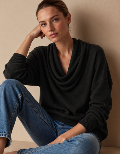 Women's Cowl Neck Knit Pullover Sweater — Long Sleeve