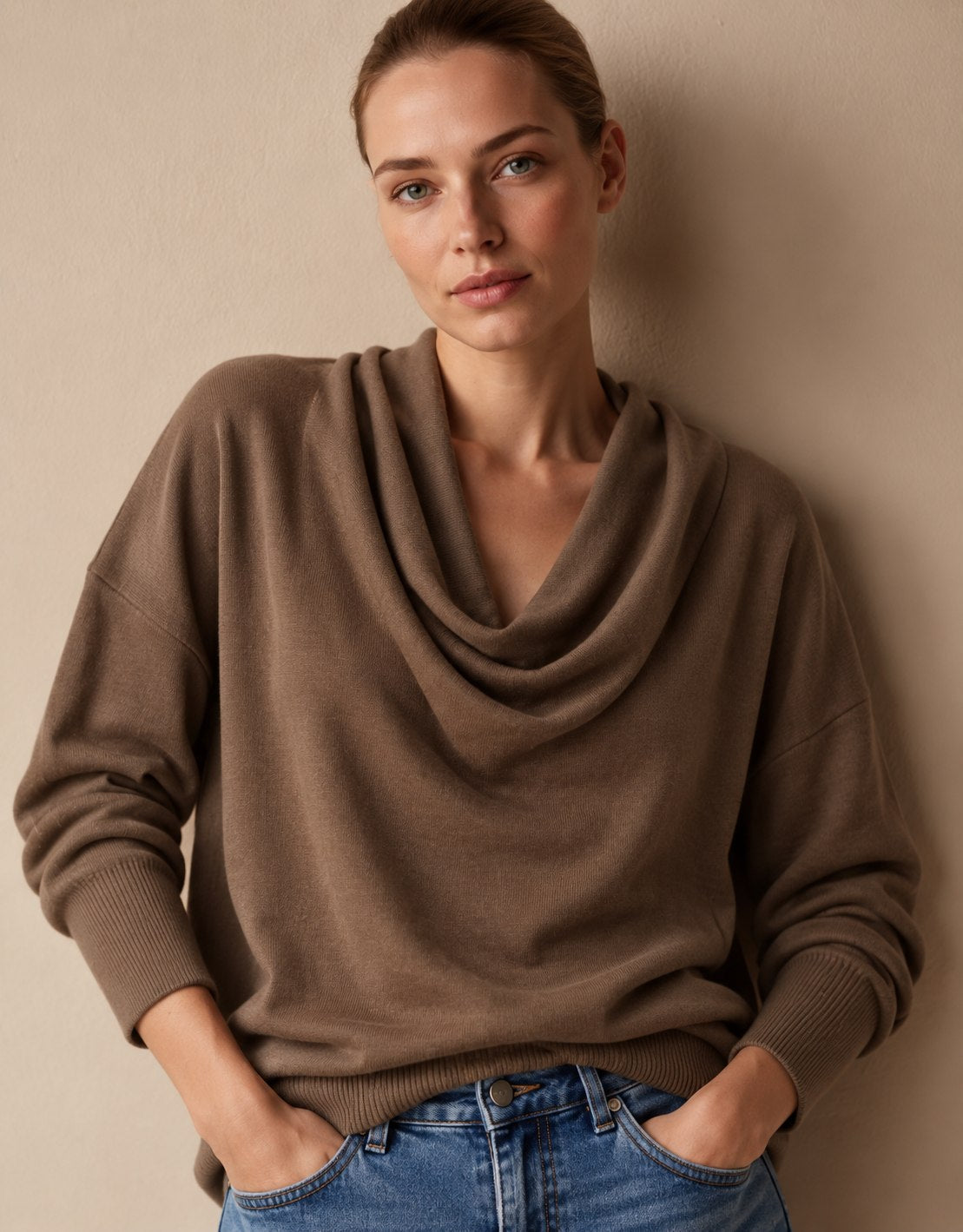 Women's Cowl Neck Knit Pullover Sweater — Long Sleeve
