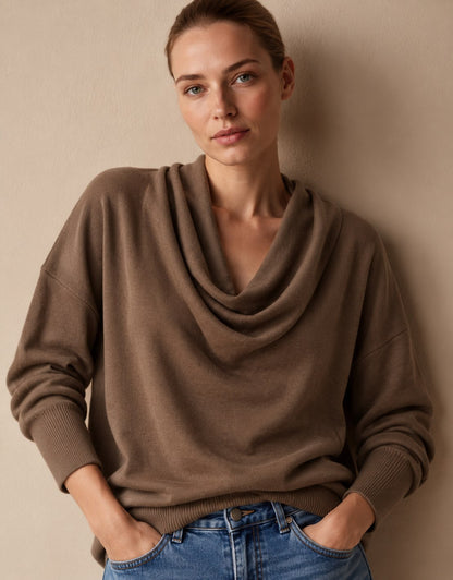 Women's Cowl Neck Knit Pullover Sweater — Long Sleeve