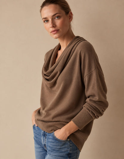 Women's Cowl Neck Knit Pullover Sweater — Long Sleeve