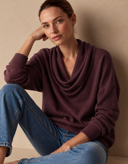 Women's Cowl Neck Knit Pullover Sweater — Long Sleeve