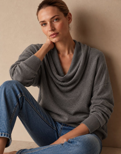 Women's Cowl Neck Knit Pullover Sweater — Long Sleeve