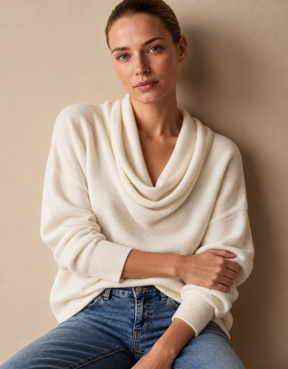 Women's Cowl Neck Knit Pullover Sweater — Long Sleeve