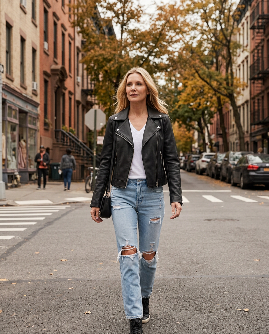 Woman wearing the Faux Leather Asymmetric Zip Moto Jacket in New York
