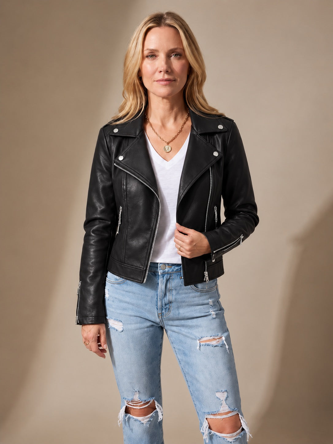 Women's Faux Leather Asymmetric Zip Moto Jacket in Black