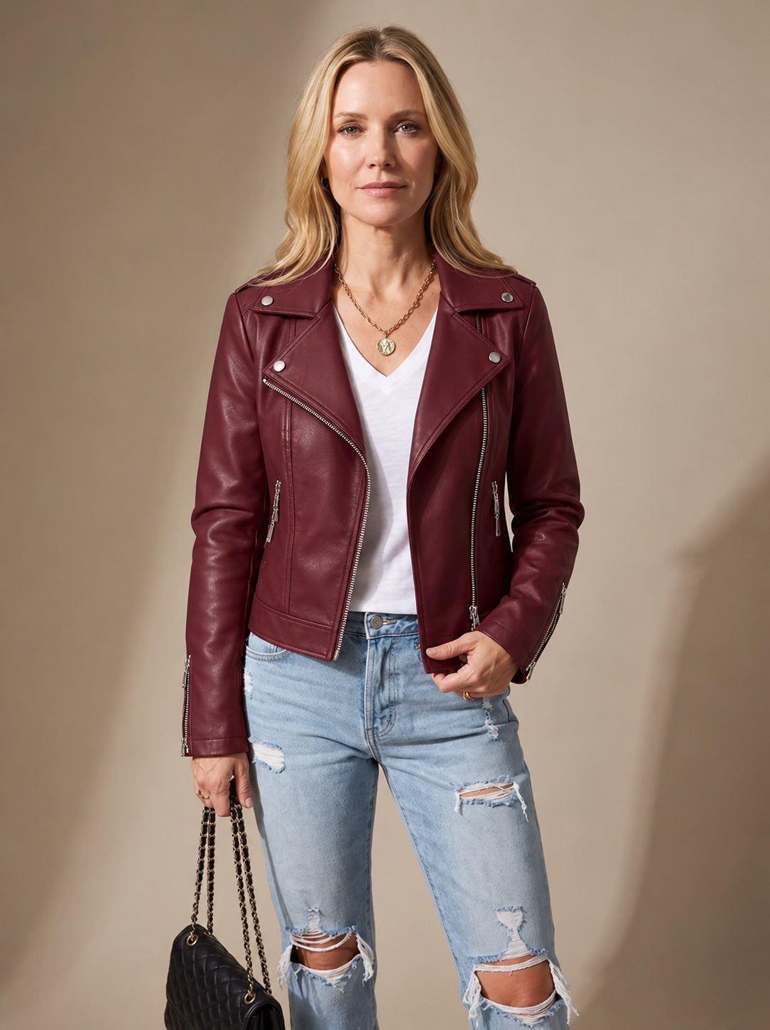 Women's Faux Leather Asymmetric Zip Moto Jacket in Red