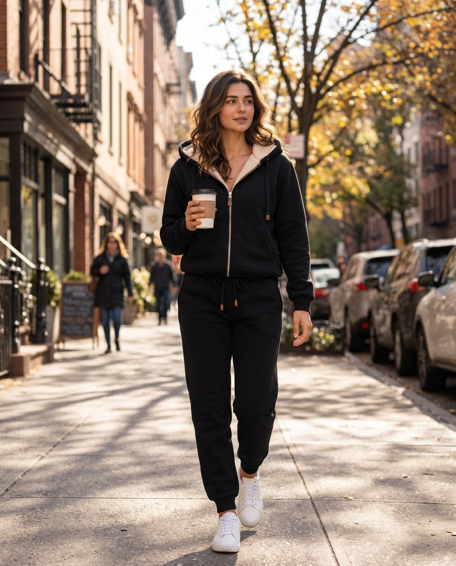 Woman wearing the Fleece-Lined Sherpa Hoodie & Jogger Set in New York