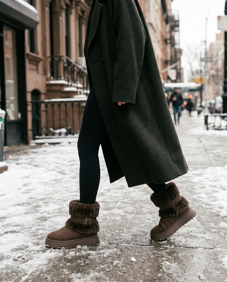 Woman wearing the Fur-Trimmed Slip-On Winter Snow Boots in New York