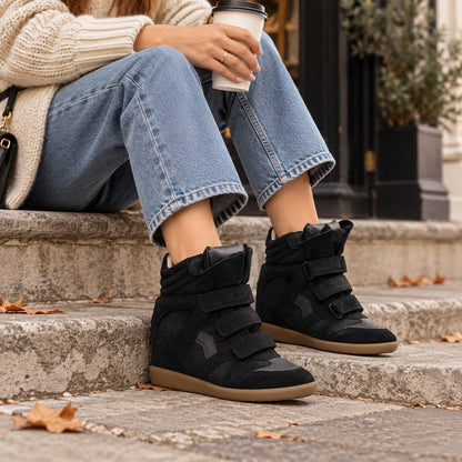 Women's Hidden Wedge High-Top Sneakers — Suede Look with Velcro Straps