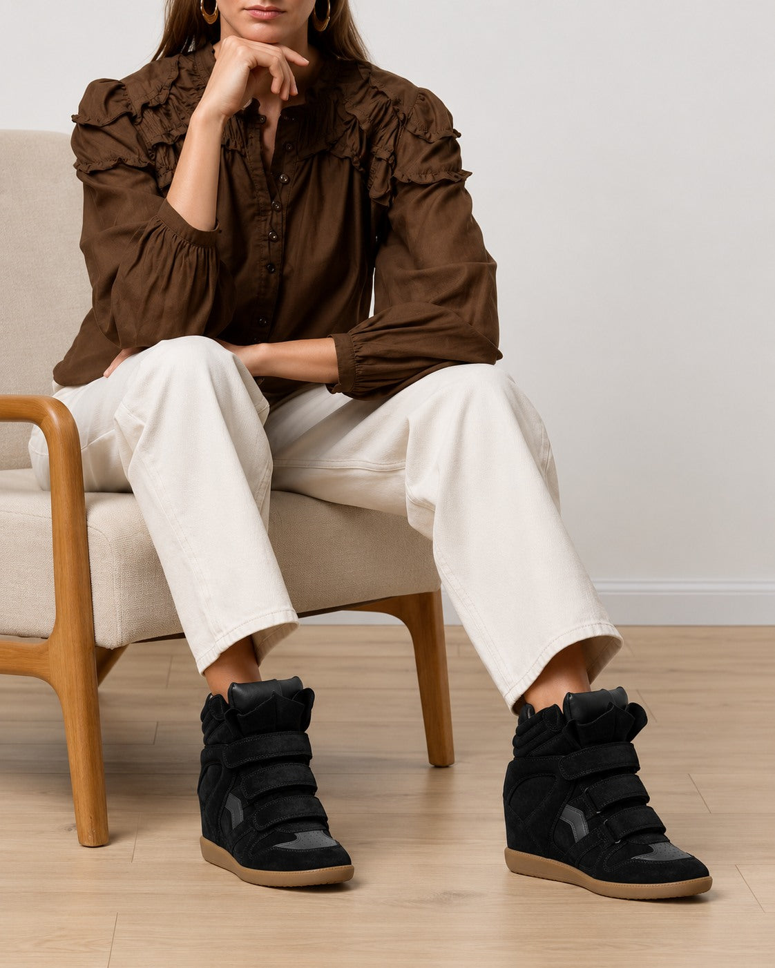 Women's Hidden Wedge High-Top Sneakers — Suede Look with Velcro Straps