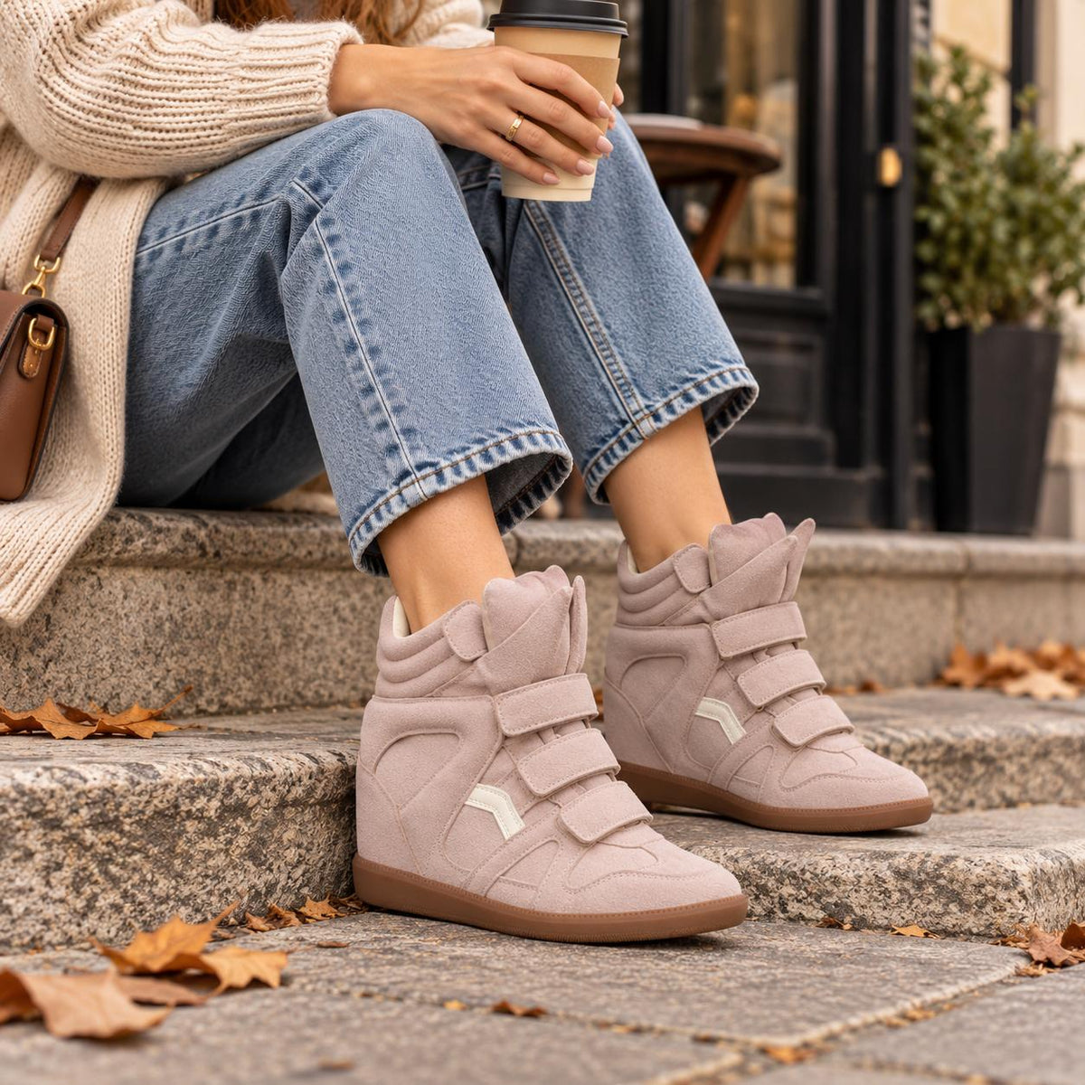 Women's Hidden Wedge High-Top Sneakers — Suede Look with Velcro Straps