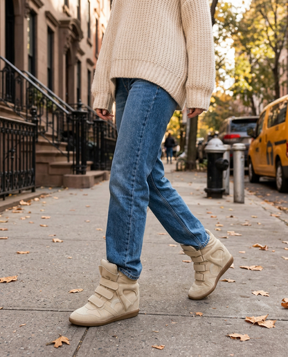 Woman wearing the Hidden Wedge High-Top Sneakers in New York