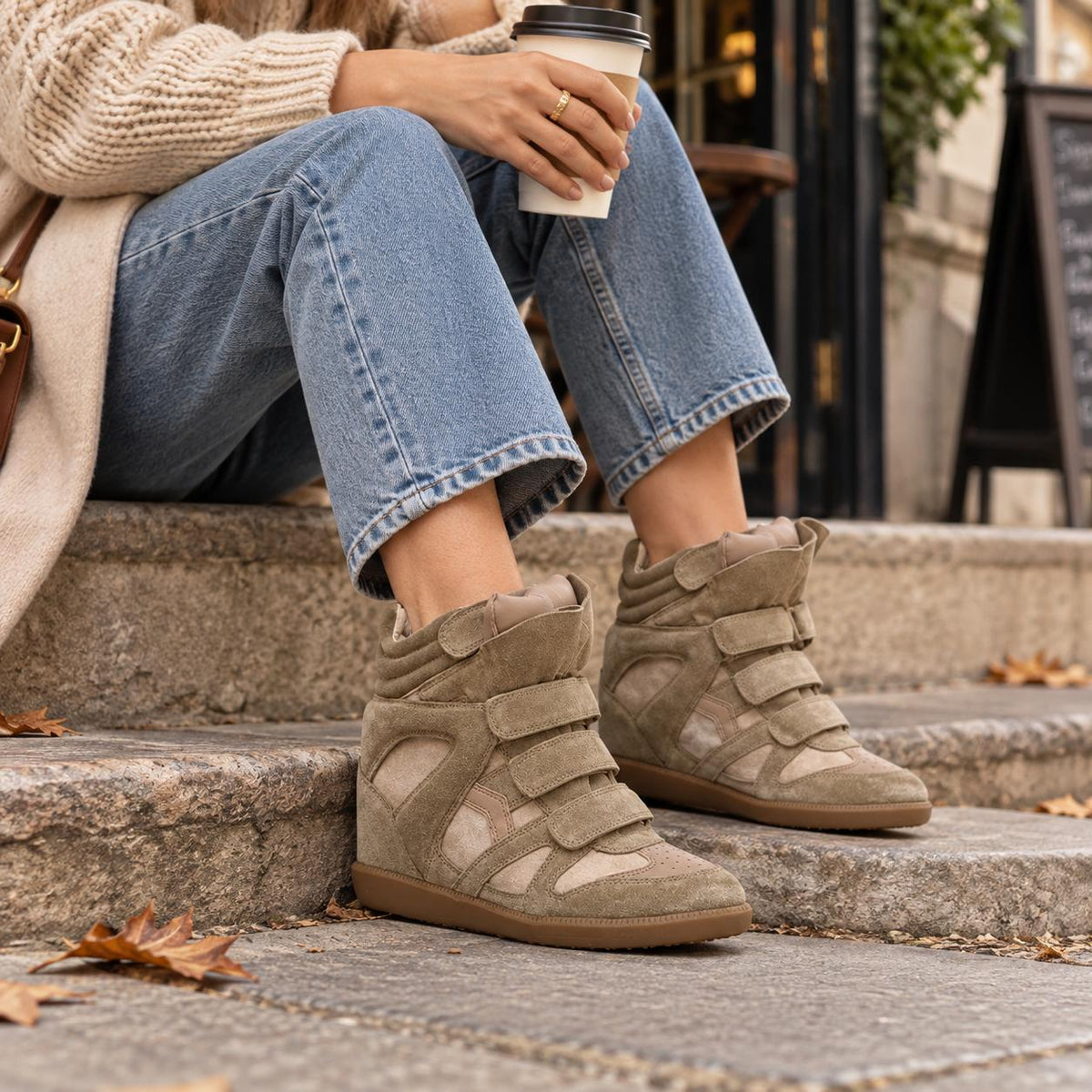 Women's Hidden Wedge High-Top Sneakers — Suede Look with Velcro Straps
